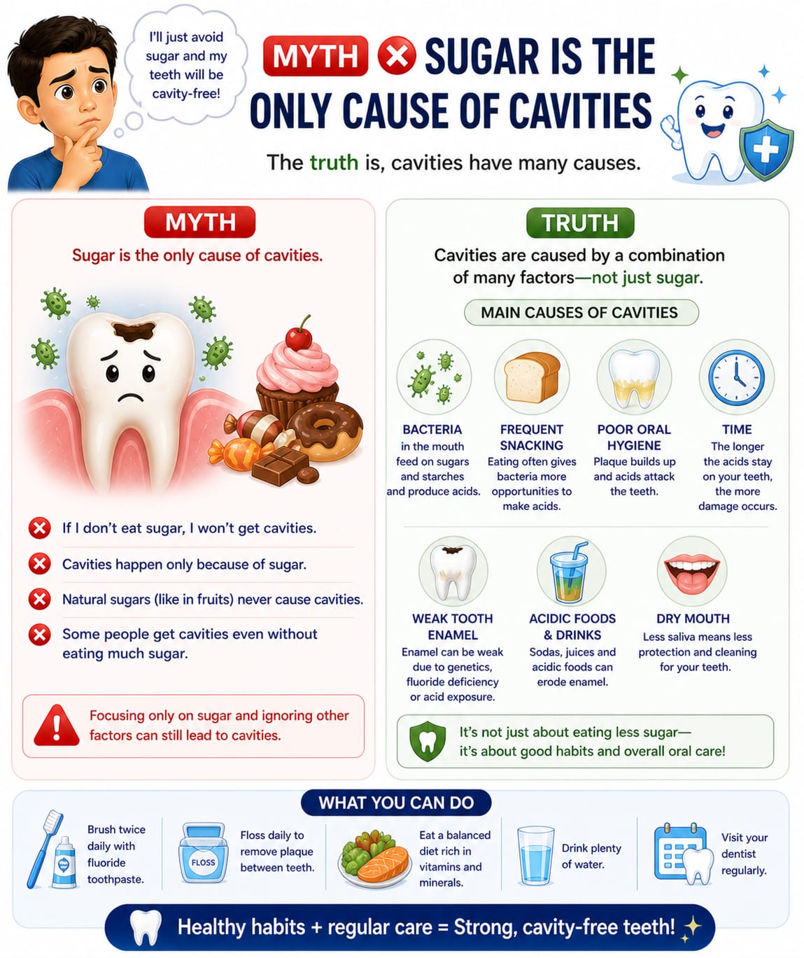 Dental myth and fact poster about sugar and cavities